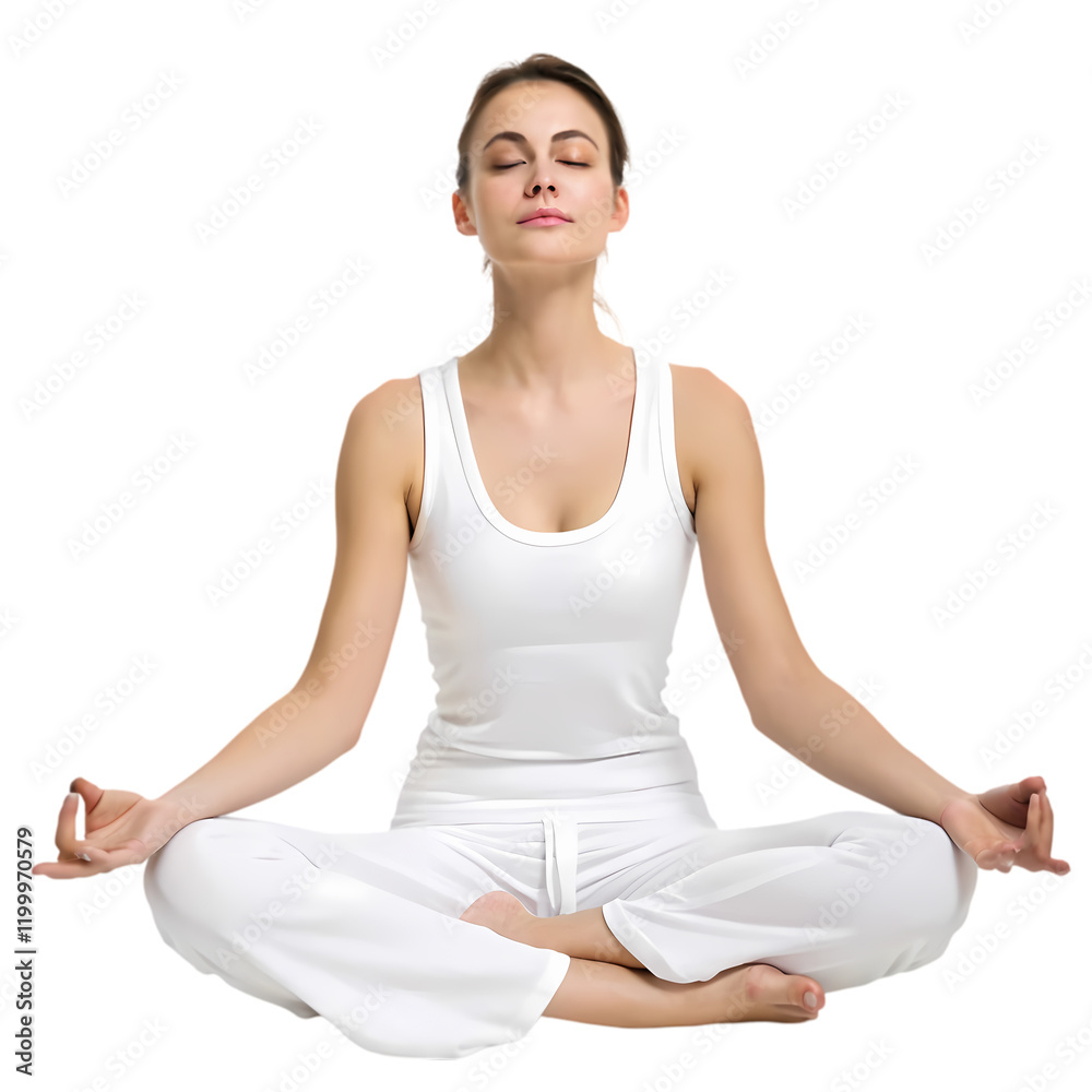 Serene Woman Meditating Yoga Pose White Clothing Peaceful Mindfulness Spiritual Wellness Practice Serene Woman Meditating Yoga Pose White Clothing Peaceful Mindfulness Spiritual Wellness Practice