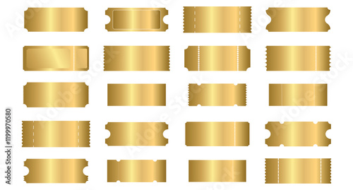 Vector big set of golden luxury ticket template white isolated background. Invite ticket for casino, theater, cinema, movie, coupon, voucher.