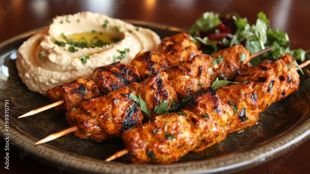A vibrant serving of Mediterranean-style kebabs on a plate, with hummus and fresh pita bread, highlighting the combination of flavors and textures. A vibrant serving of Mediterranean-style kebabs on a plate, with hummus and fresh pita bread, highlighting the combination of flavors and textures.