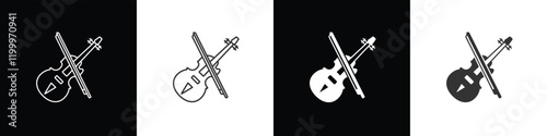 Modern violin with bow icon. String musical instrument vector icon for music. Violin icon vector illustration in black, white and transparent background. Eps10