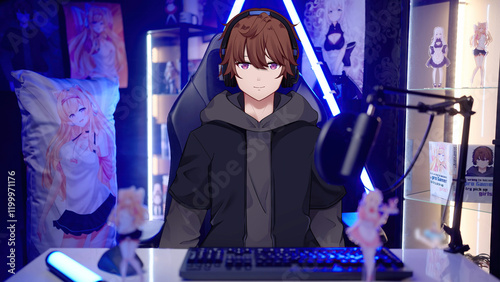 Male 2D anime gamer vtuber streamer interacting from geeky merch room