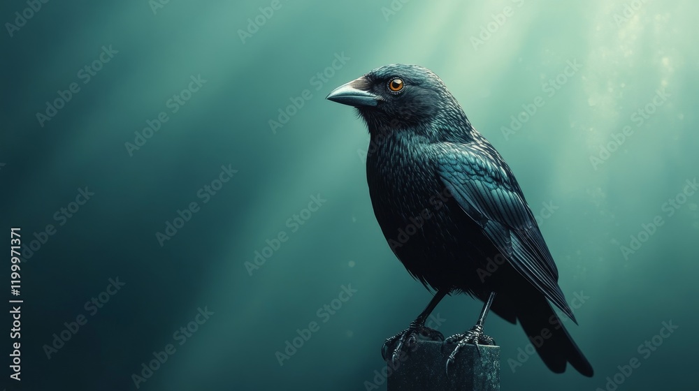 A black bird with yellow eyes is perched on a pole A black bird with yellow eyes is perched on a pole