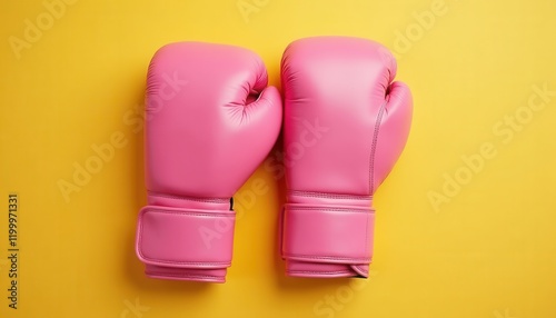 Pink Boxing Gloves Against Vibrant Yellow Background: Striking Color Contrast. photo