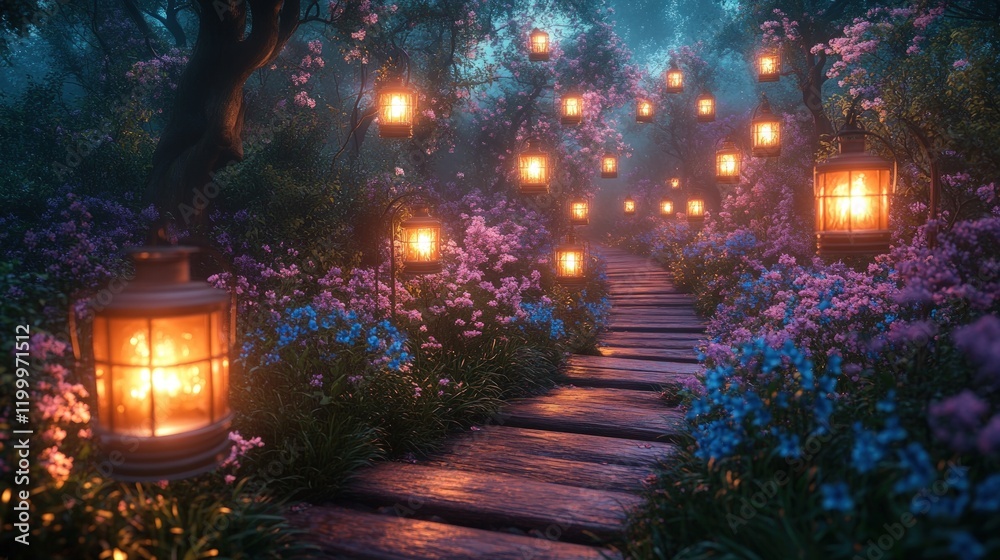Enchanted forest path, glowing lanterns, blooming flowers. Enchanted forest path, glowing lanterns, blooming flowers.