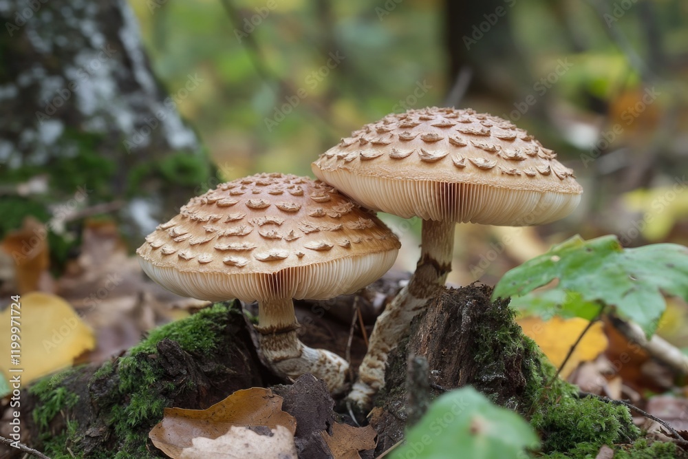 A pair of mushrooms growing on a decaying tree stump in a forest A pair of mushrooms growing on a decaying tree stump in a forest