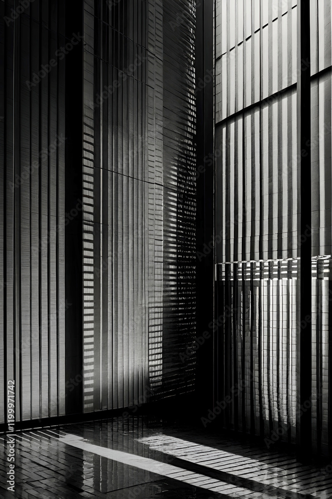 Minimalist architectural composition of a modern building with vertical lines. Abstract perspective, black and white background, high contrast lighting. Illustration.