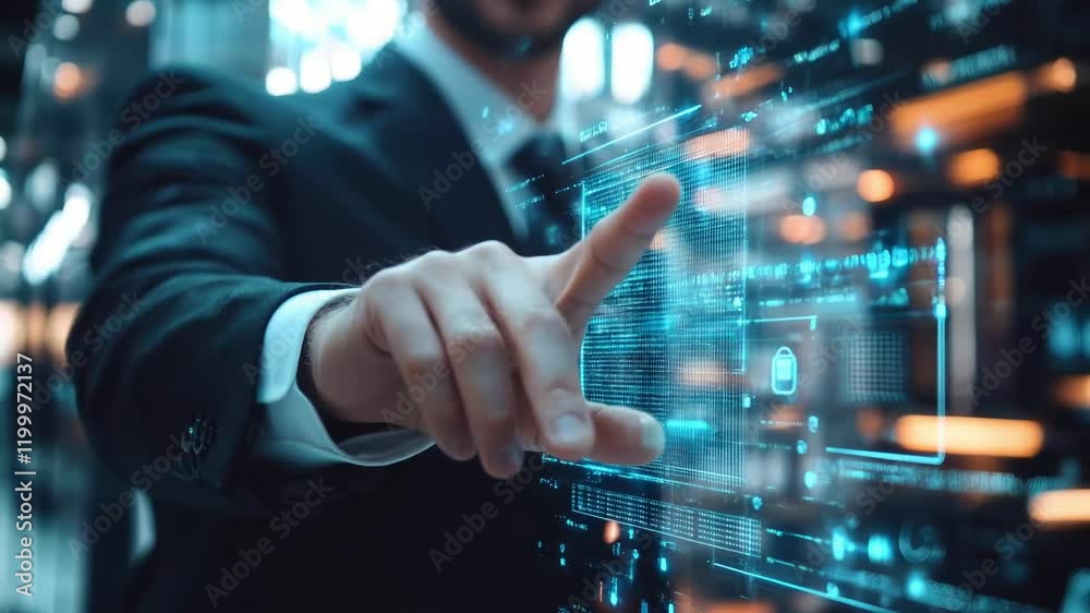 A man in a suit engages with a virtual display, showcasing data analysis in a sleek corporate environment. High-tech visuals illuminate the space, emphasizing innovation and technology