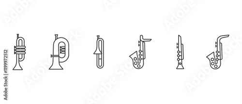 Trumpet icon set. Trumpet line icon design, Inflatable musical instrument art vector icons. Vector icons of various kinds of trumpets with transparent background. Editable stroke. Eps10
