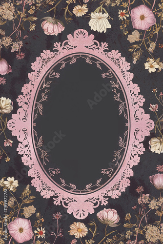 Pink oval frame with floral pattern creating a vintage inspired design