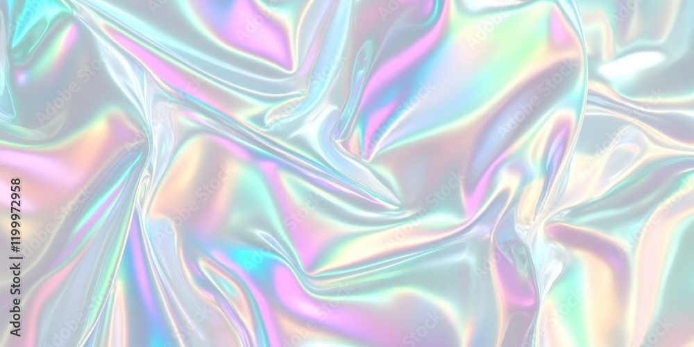 Obraz premium Colorful iridescent, holographic rainbow foil texture background. Iridescent fabric trendy cloth holographic texture purple pink blue metal