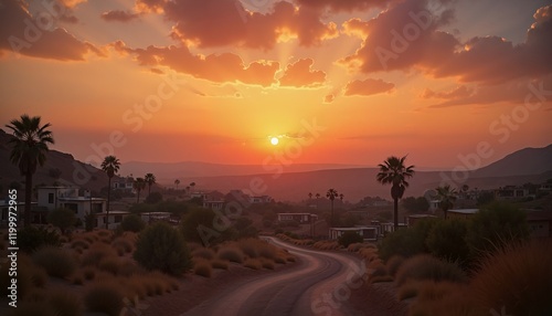 Breathtaking desert sunset over winding road, serene landscape for relaxation themes