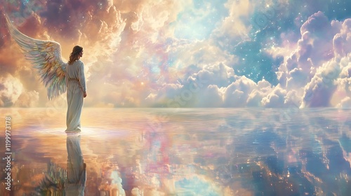 Archangel Gabriel standing on the edge of a celestial lake reflecting the colors of the heavens with a calm presence