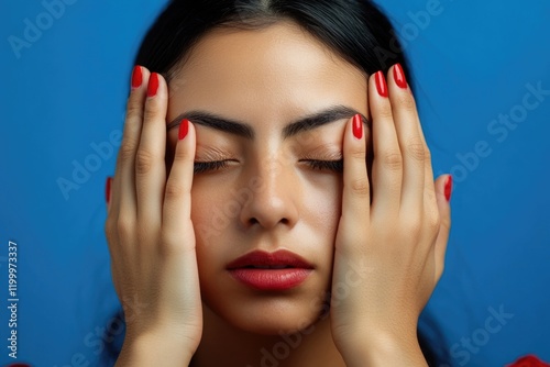 A woman with her eyes closed holds her hands over her face, possibly expressing distress or emotional pain photo