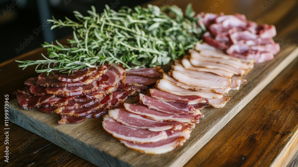 Crispy bacon slices piled high on a wooden cutting board, with fat glistening and herbs for garnish, ready to serve. Crispy bacon slices piled high on a wooden cutting board, with fat glistening and herbs for garnish, ready to serve.