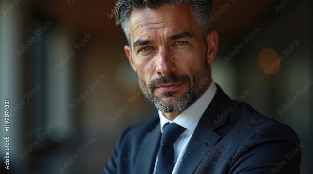 Portrait of a confident middle-aged Caucasian man in a dark suit. He has a serious expression and stylish grey hair. Portrait of a confident middle-aged Caucasian man in a dark suit. He has a serious expression and stylish grey hair.