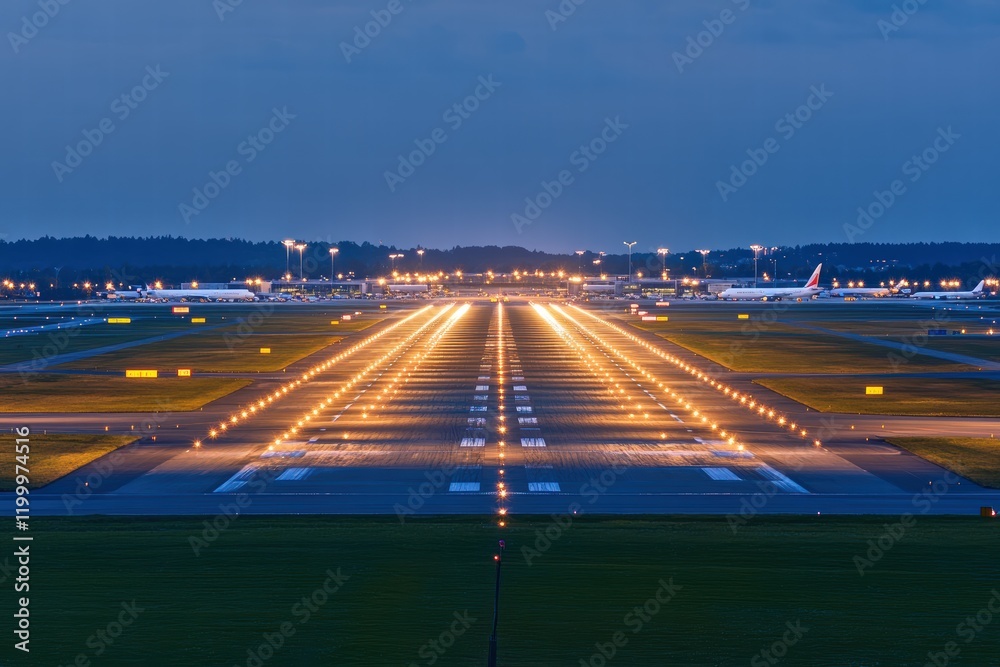 Fototapeta premium Night view of illuminated airport runways showcasing busy air traffic operations