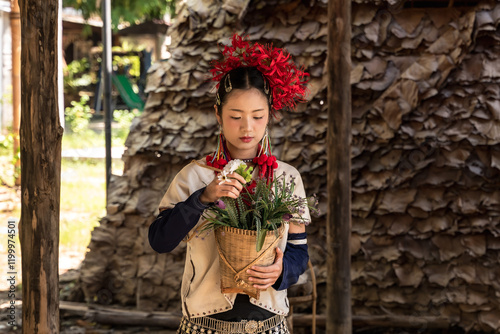 Young attractive hilltribe woman dress up in traditional tribe costume holding flower basket in village