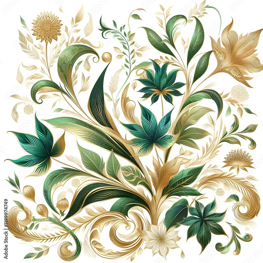 Fototapeta premium ornate floral pattern, golden flowers, intricate swirls, emerald green background, art nouveau style, metallic gold accents, black leaves, decorative botanical design, Green and Gold Floral Design Art