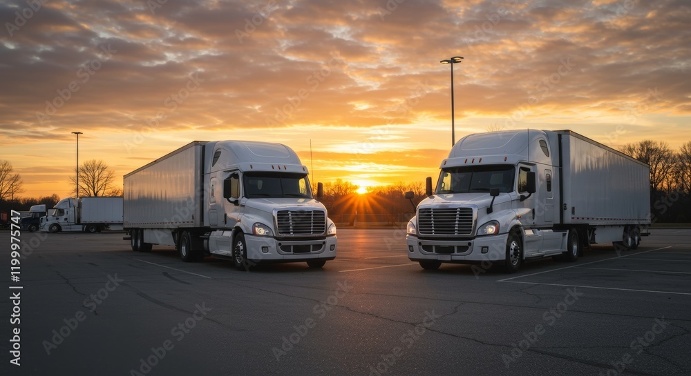 Obraz premium Two white semi-trucks parked in an empty lot at sunset with a warm orange and yellow sky and chrome grills