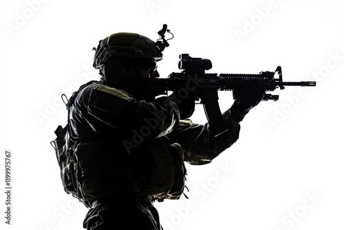 A silhouette of a soldier holding a machine gun, great for military or war-themed images photo