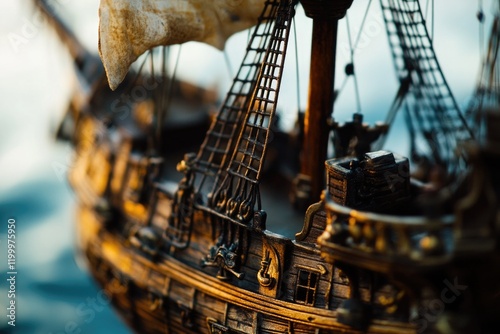 A detailed view of a scale model ship, perfect for editorial or commercial use photo