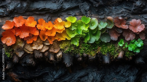 A cluster of vibrant mushrooms growing on a decaying log, great for nature and outdoors scenes photo