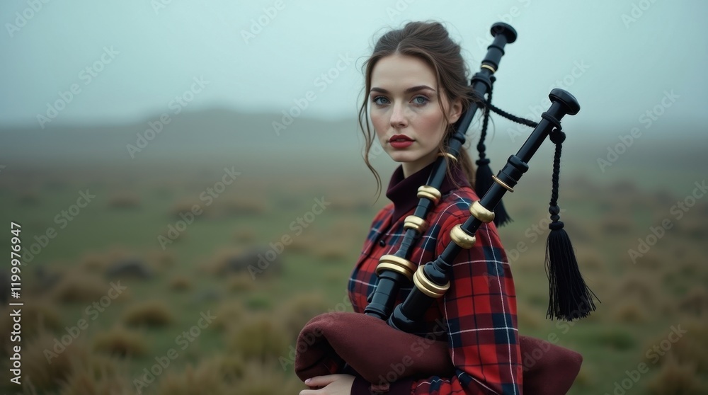 Obraz premium A young Caucasian woman in a red and black plaid shirt stands in a misty field, carrying bagpipes. A moody, atmospheric portrait.