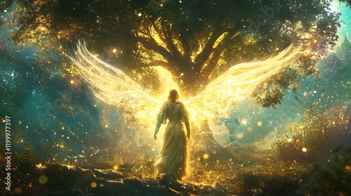 Archangel Gabriel standing by a tree of life in a celestial garden with a peaceful presence and radiant aura