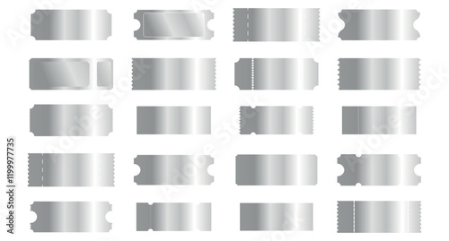 Vector big set of silver luxury ticket template white isolated background. Invite ticket for casino, theater, cinema, movie, coupon, voucher.