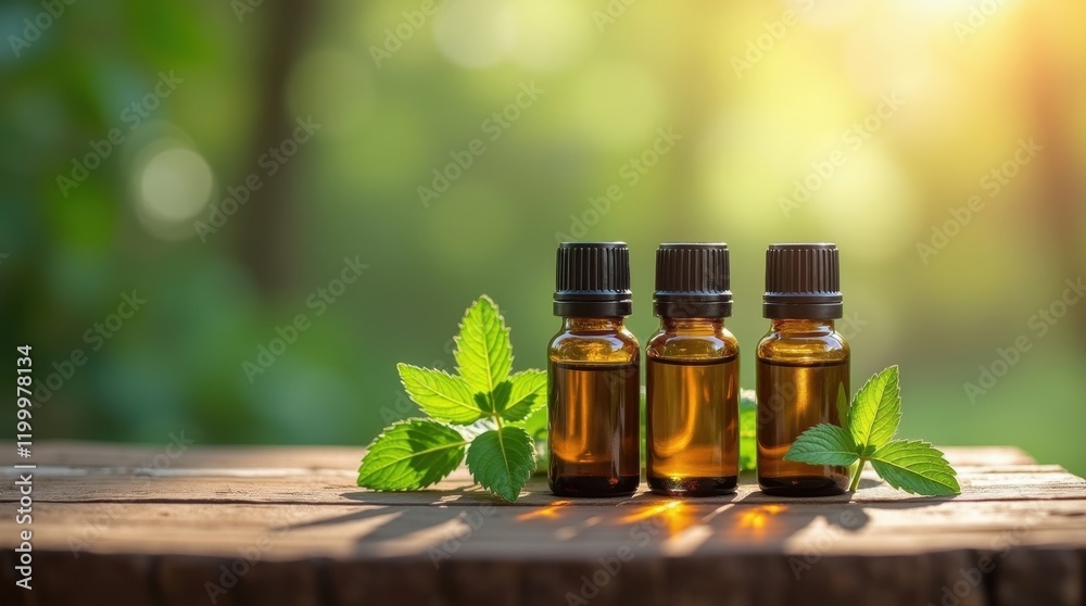 Three amber bottles of essential oil sit on a wooden surface with fresh mint leaves. A tranquil and natural scene. Three amber bottles of essential oil sit on a wooden surface with fresh mint leaves. A tranquil and natural scene.