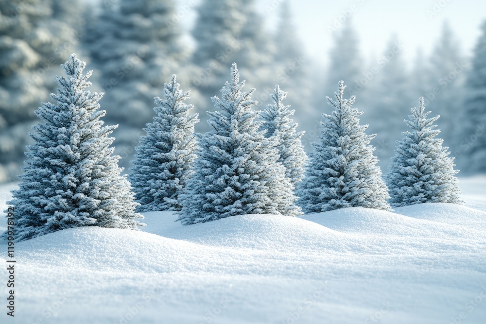 A row of small trees covered in snow, perfect for winter scenes or festive occasions A row of small trees covered in snow, perfect for winter scenes or festive occasions