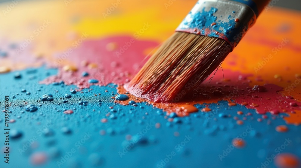 Fototapeta premium Close-up view of a paintbrush applying vibrant colors to a canvas. The colors blend together, creating a dynamic and textured effect.