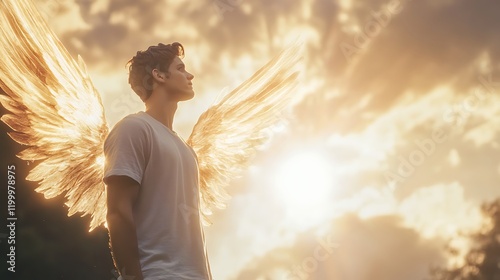 Archangel Gabriel standing in a peaceful heavenly realm with an aura of light and wings gently spread