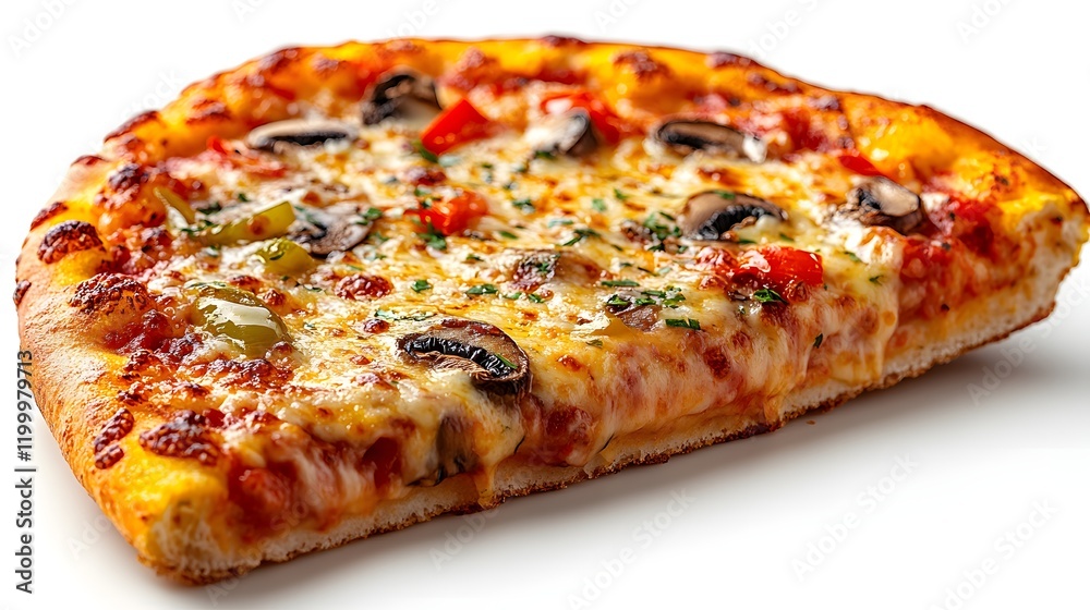 Slice of Pizza with Bubbling Cheese and Sautéed Toppings Slice of Pizza with Bubbling Cheese and Sautéed Toppings