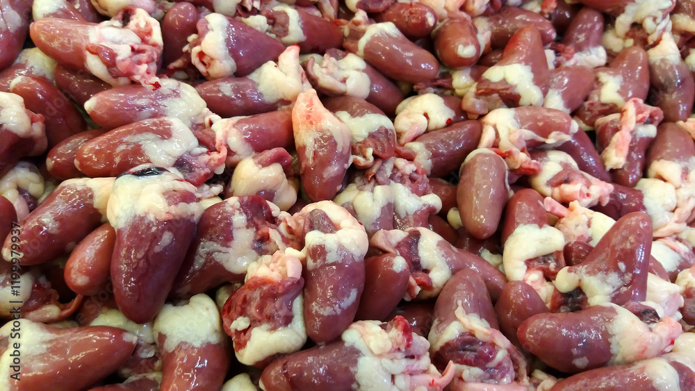 Αυτοκόλλητο Many fresh chicken hearts or animal organs for cooking food or for sale at freshness market