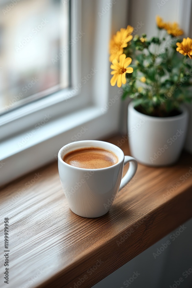 Fototapeta premium Cozy Morning Coffee by the Window with Fresh Yellow Flowers
