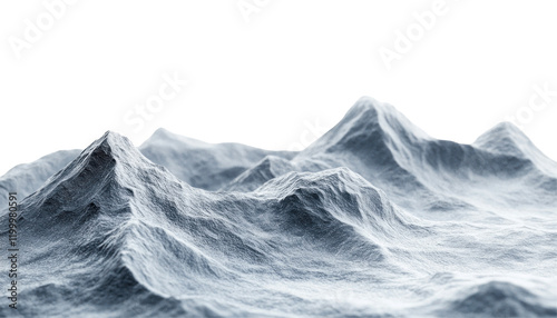 A digitally rendered image depicts an abstract snowy mountain range against a black background. photo