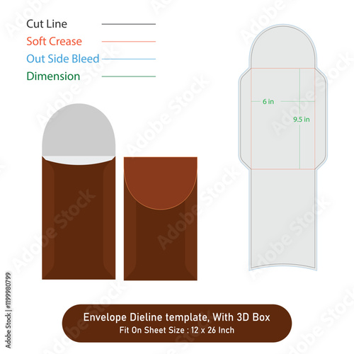 Envelope Dieline template, With 3D Box, Size 6x9.5 in, Vector file