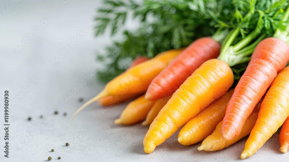 Freshly harvested orange carrots with green tops on a gray surface.