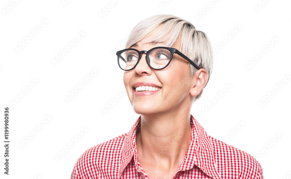 Closeup ecstatic adult woman looking up, isolated on white background. Portrait of laughing middle aged woman. Closeup ecstatic adult woman looking up, isolated on white background. Portrait of laughing middle aged woman.