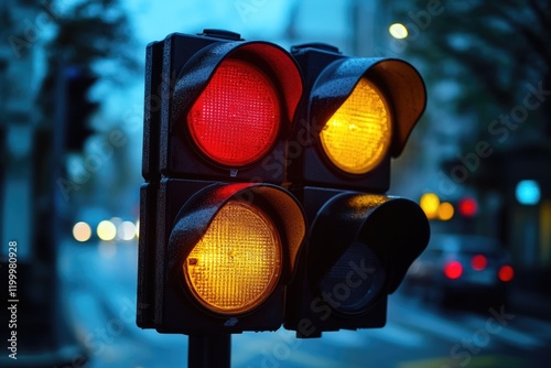 A traffic light standing tall on a busy city street at night, guiding the way for drivers and pedestrians photo