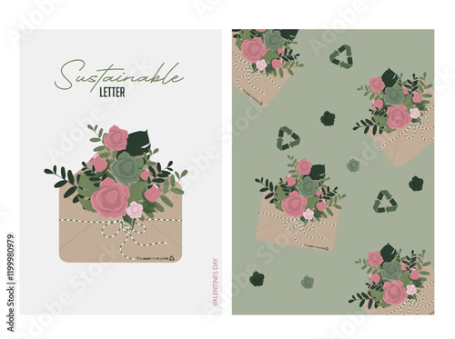 Sustainable Love Letter Pattern with Recycled Envelope Design. Eco-conscious Valentine's day. Eco-friendly love concept. Flat style. Recycled paper. Ecological love. Vector illustration.