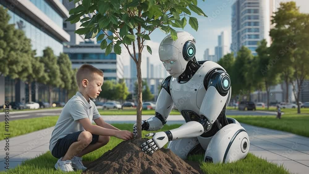 A Future Rooted in Nature: A young boy and a friendly humanoid robot collaborate to plant a sapling in a bustling cityscape, symbolizing the harmonious coexistence of technology and the environment.