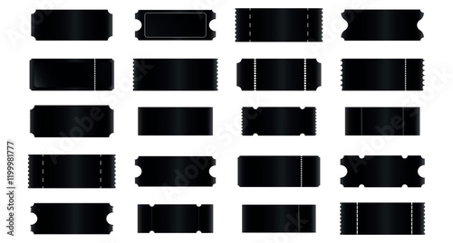 Vector big set of black luxury ticket template white isolated background. Invite ticket for casino, theater, cinema, movie, coupon, voucher.