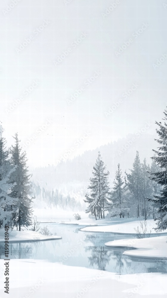 Naklejka premium Tranquil winter serenity a frozen lake amidst snowy pines