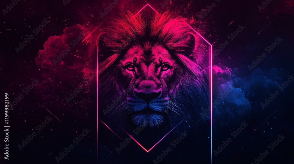 Majestic Neon Lion Portrait in Geometric Frame Majestic Neon Lion Portrait in Geometric Frame