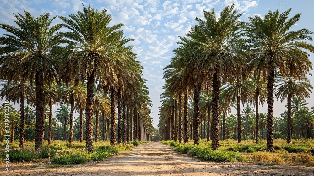 Obraz premium Lush palm tree pathway through a serene oasis landscape during a bright daylight in a tropical region