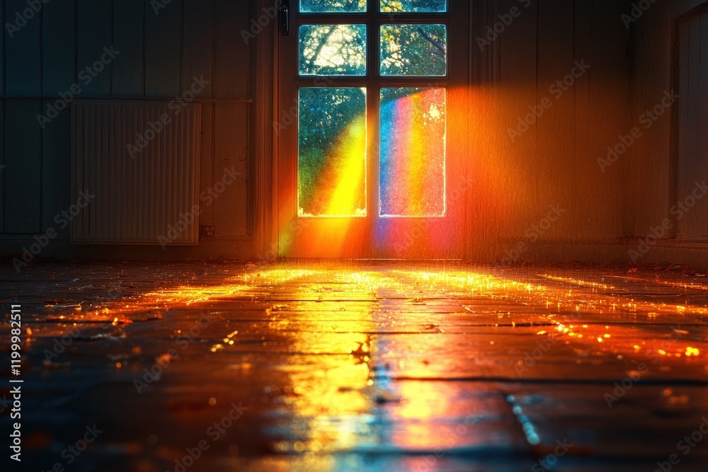 Rainbow light through window, wet floor. Rainbow light through window, wet floor.