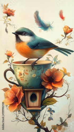 Whimsical teacup birdhouse with floating flowers and feathers