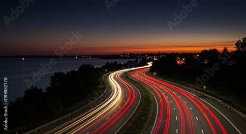 Long exposure photograph of a curved highway at night with colorful light trails, water, trees, and distant buildings under a dark sky

 photo